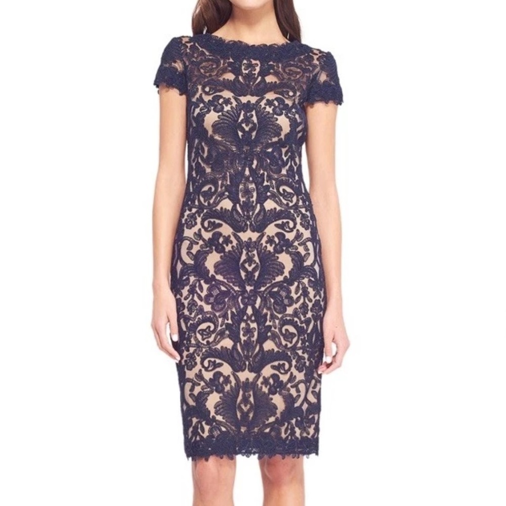 Tadashi Shoji Blue Corded Embroidery Tulle Dress Sheer Illusion Neck Womens 12
